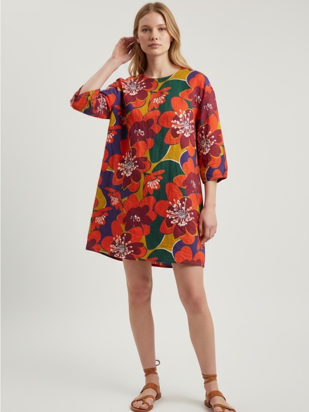 Something Navy Vibrant Floral Linen Blend Shift Dress M Puff Sleeve Multicolor